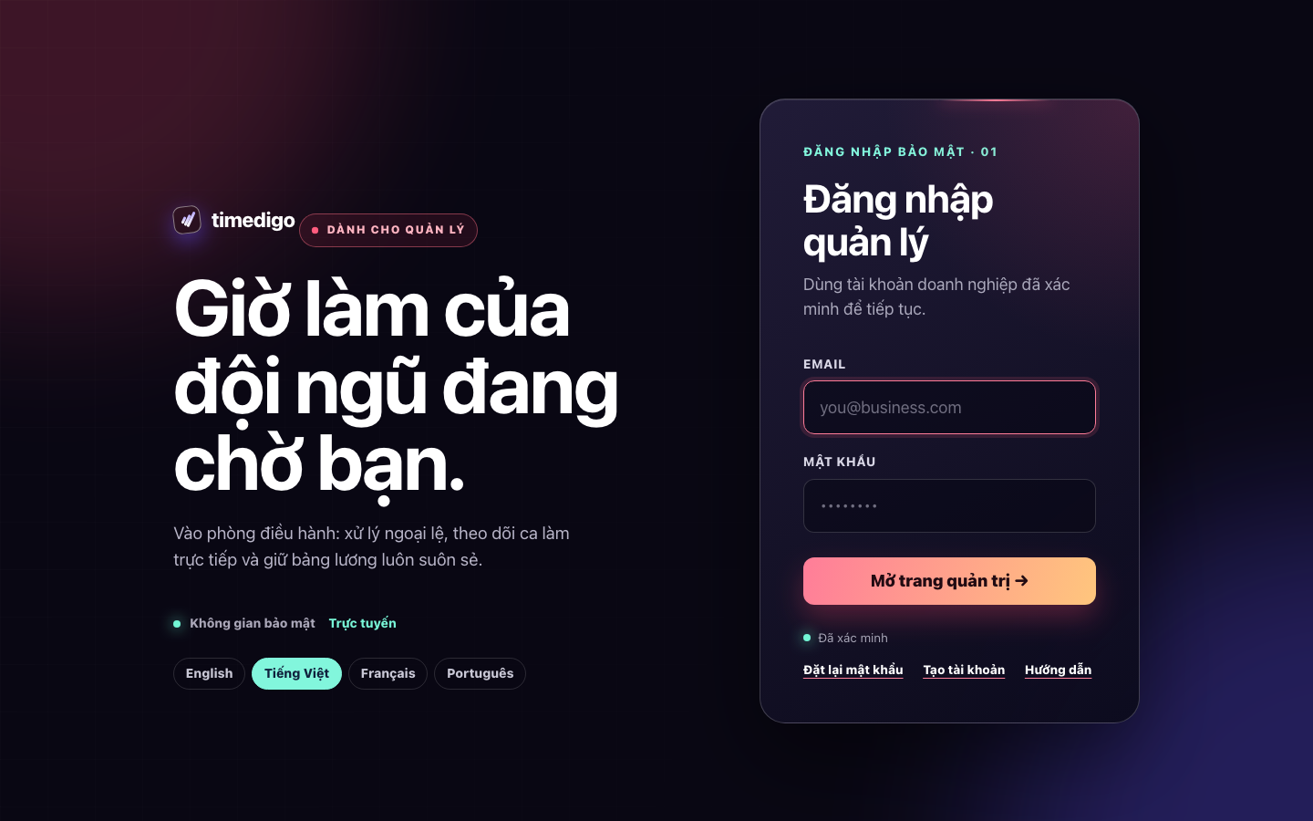 Trang đăng nhập dành cho quản lý