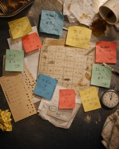 Sticky notes, punch cards, and a stopwatch scattered across a restaurant prep counter